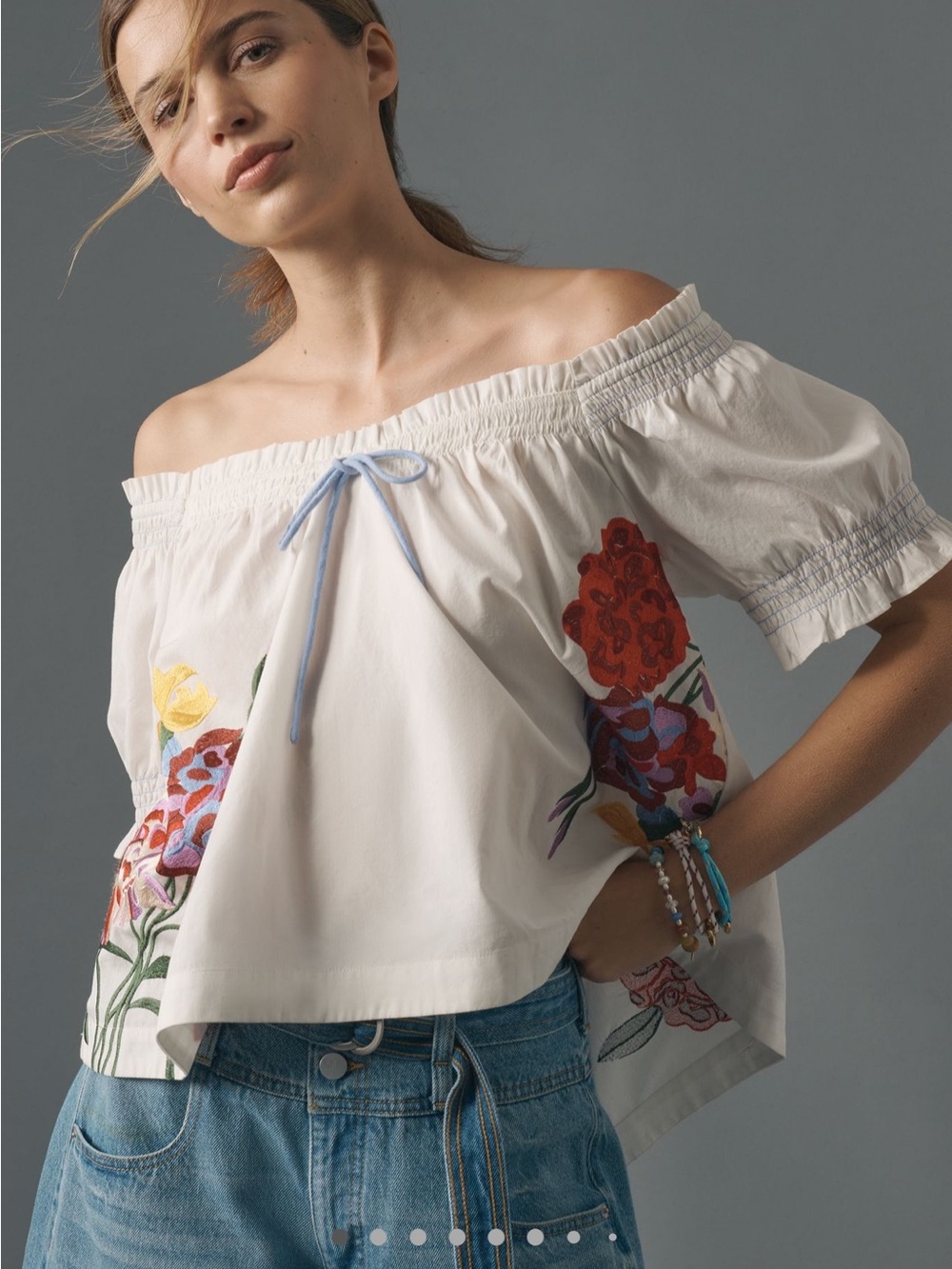 NWT Anthropologie Puff Sleeve Tie Fromt Embroidered Shirt